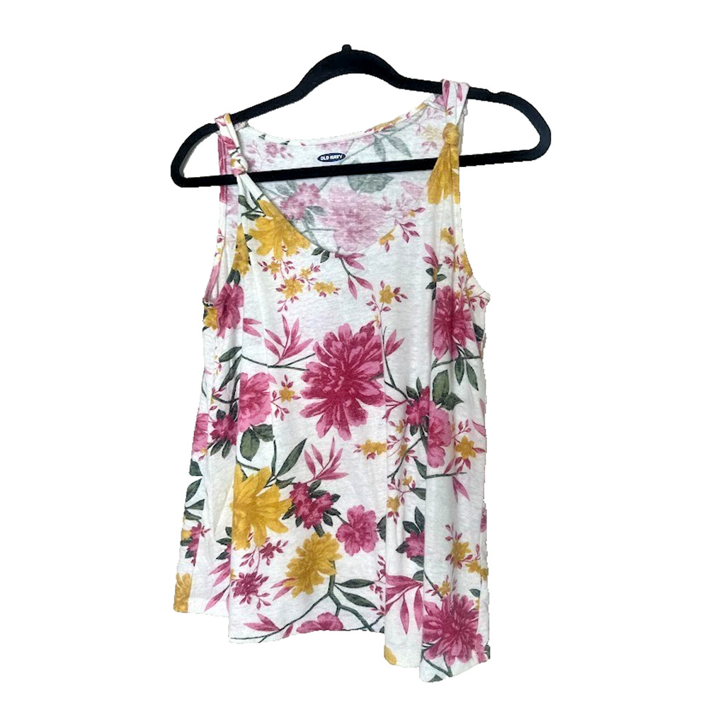 Old Navy Tank Top Women Medium Linen Blend Multicolor Floral Knotted Strap Flowy